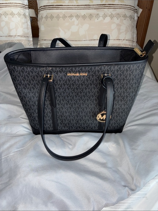 Michael Kors Handbags - Michael Kors Charcoal/Black Signature MK Tote with Gold Accents